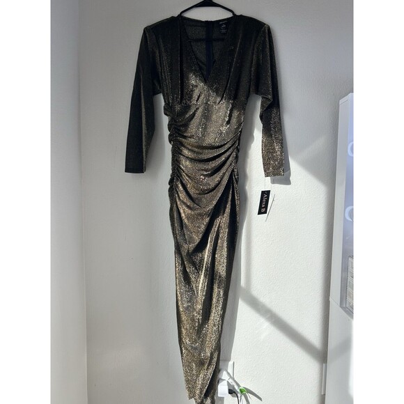 Alexa B Nites Dresses & Skirts - ALEXA B NITES RUCHED GOLD GLAM MESH MAXI DRESS V NECK SIZE 4 NWT